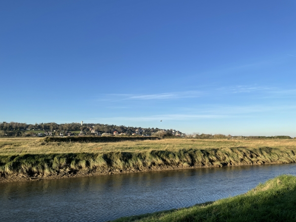 Après avoir longé la plage (voir les photos de l'album), nous rejoignons le chemin de la Saâne (GR212). Coup d'oeil arrière sur Quiberville depuis le bord de Saâne.