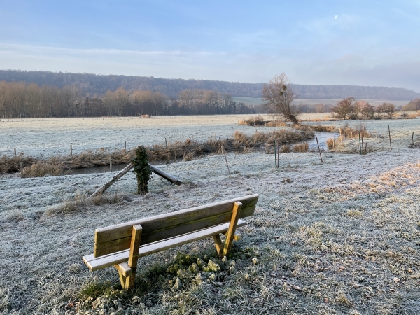 Banc avec vue sur la vallée de la Béthune. Nous serons sur la colline boisée, le Massif de Pimont, tout à l'heure.