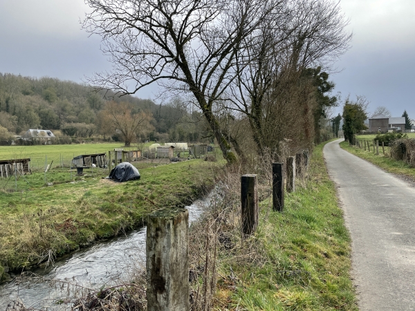 Nous voilà de retour dans la vallée, nous longeons l'Orbiquet sur la petite route du moulin d'Abenon.