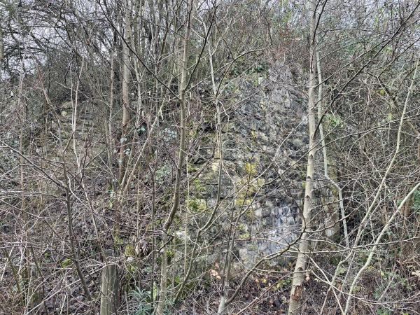 Vestiges de la culée du pont ferroviaire. Après cette culée, la voie franchissait un autre pont au-dessus de la ligne Paris - Le Havre, puis entrait dans un tunnel (voir l'album de la rando), avant de rejoindre la halte de La Sablière.
