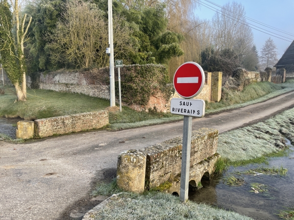 Nous commençons notre randonnée sur le chemin Bardinche, que nous rejoignons en traversant ce ruisseau qui va rejoindre le Bièvredent. Ce nom, que l'on retrouve souvent sous la forme brèvedent, viendrait des mots gaulois biber et dan, barrage de castors. Les castors peuplaient nos rivières jusqu'au Moyen Âge. Ref Jean Adigard des Gautries Noms des communes de Normandie.
