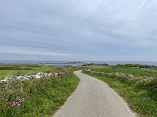Après Saint-Germain-des-Vaux, nous retrouvons la côte, avec en face le Nez Quilas et les Roches du Houffet.