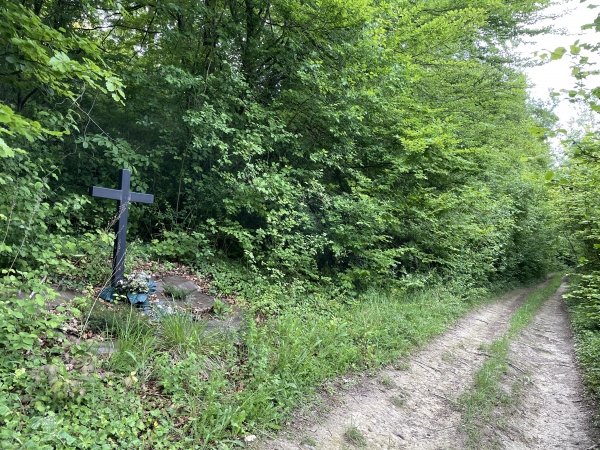 Nous passons devant cette croix mystérieuse. Elle est récente, et un bouquet est posé à son pied. Aucune plaque ne permet de connaître l'histoire à l'origine de cette croix.