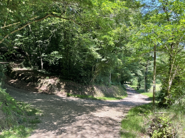Nous fermons la boucle au-dessus de Caumont-sur-Orne. Ce matin, nous avions suivi le chemin que l'on voit à gauche, maintenant nous tournons à droite, la mairie de Caumont est à 300 mètres.