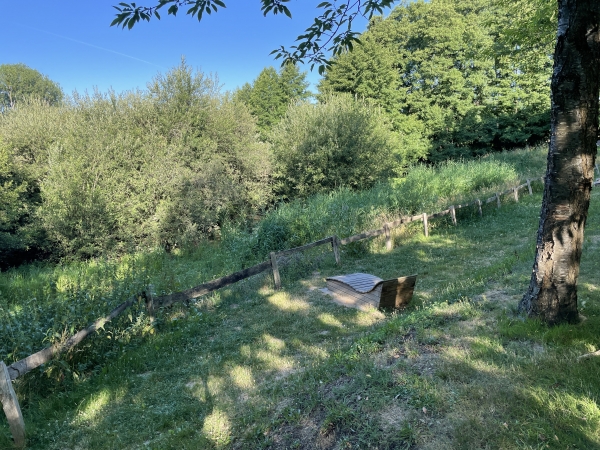 En contrebas de la Voie Verte, nous découvrons plusieurs chaises longues. Elles étaient tournées vers un bras du Bec et son étang, mais ils sont désormais cachés par la végétation.