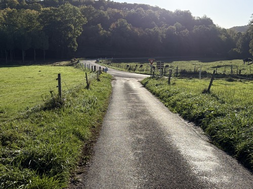 La petite route du Quesnay rejoint la D86. Je continue à gauche jusqu'au chemin qui monte dans le bois que l'on voit en face.