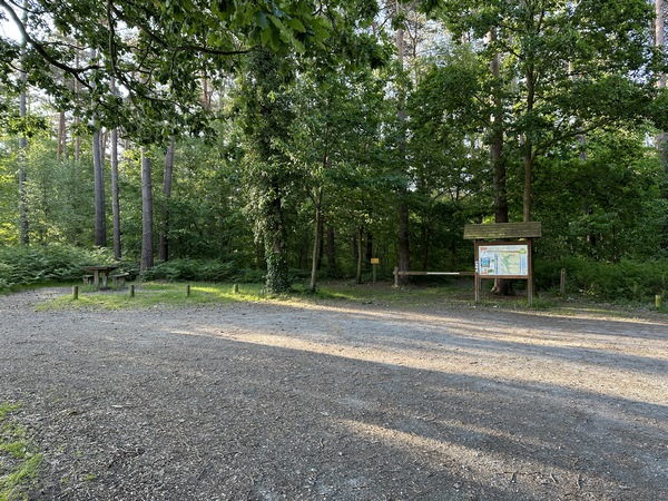 Nous traversons la petite route qui serpente en forêt vers Glos-sur-Risle, et allons continuer ici sur le chemin au fond du parking.