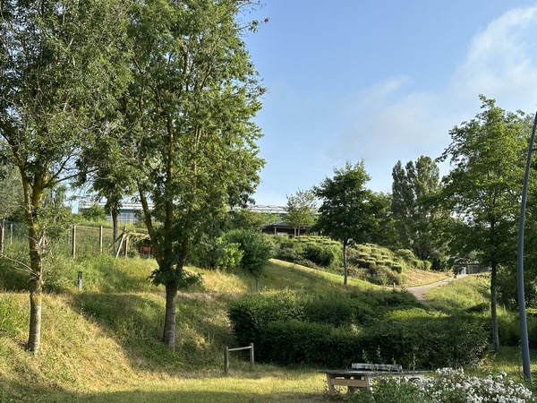 Sur les hauteurs, on aperçoit les bâtiments des Jardins Animaliers Biotropica.