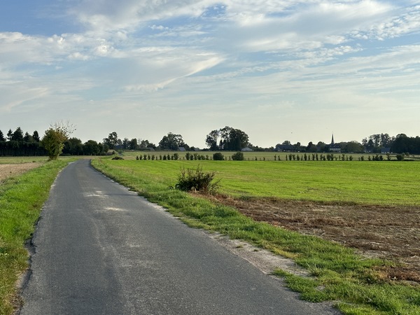 Nous fermons la boucle avec la route de Grande-Rue. On distingue, à droite, la flèche de l'église Saint-Martin.