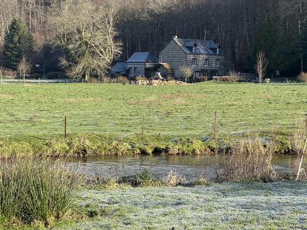 Au loin, on aperçoit le moulin de Vittefleur et sa grande roue.