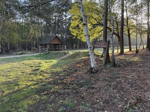 Le départ se situe sur le parking de l'aire d'accueil du Rond de Cobourg, accessible depuis la D77. L'aire propose quelques tables de pique-nique et un abri. Je prends la direction de l'est sur la route forestière de Cobourg.