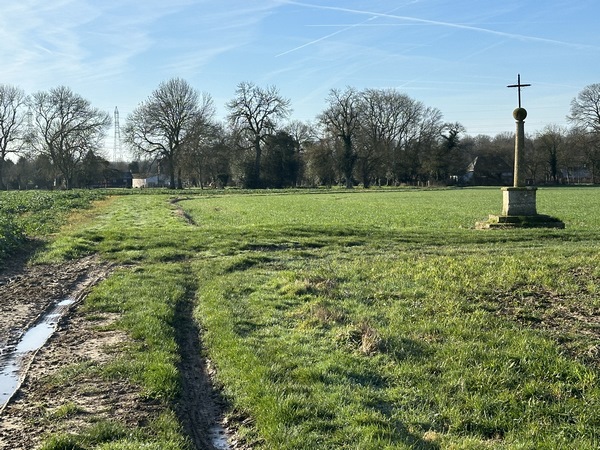 Voilà la Croix Simon, repère obligé des randonnées près de Barneville. Nous continuons tout droit.