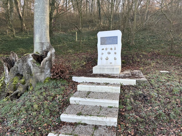 A l'entrée du chemin des Longues Vallées se trouve cette stèle, en mémoire des Maquisards de Barneville. Regroupés par Albert Lacour, ces résistants se sont abrités dans la marnière abandonnée du bois de la Fromagerie. Ils sont tombés en 1943.