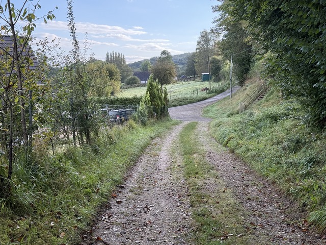Avant de rejoindre la route du Pont Léon, nous allons tourner ici à gauche pour suivre le Chemin de la Cavée.