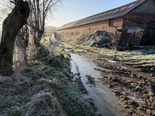 Au sommet, et à proximité de la ferme, le chemin devient très boueux.&nbsp;