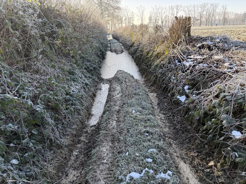 Dans la plaine de Carémont, les parties creuses du chemin sont totalement inondées. Nous attribuons un parapluie rouge à ce circuit. Nous sommes passés par le champ à droite.