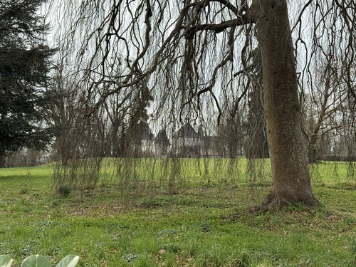 Nous sommes entrés dans Bardouville. Depuis la rue des Monts, on peut distinguer le château du Corset Rouge au fond de son parc.