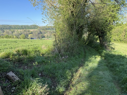 Le chemin débouche sur le coteau et offre des panoramas sur la vallée du Crevon.