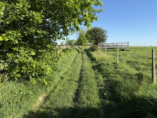 Le chemin de la Butte Cavellier traverse la plaine vers le nord en direction du hameau de la Croisée.