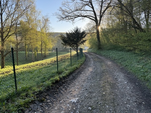 Le parking se trouve au bout de l'impasse Chemin de la Vallée Galantine. Dès la sortie du parking, le premier chemin longe la station d'épuration.
