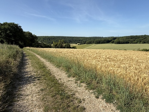 Nous redescendons par la Côte Blanche dans la vallée d'un ancien affluent de l'Eure où se trouve la ligne de Mantes-la-Jolie à Cherbourg.