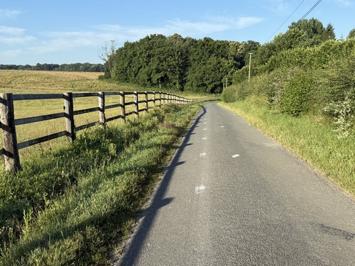 La route de Coquereaumont descend vers le bois de la Broche que l'on voit en face. C'est une petite route déserte, dans des paysages agréables.