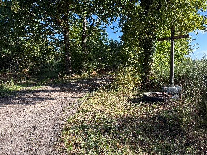 Au calvaire, nous aurions dû prendre à droite, mais nous ne sommes pas pressés, nous prenons à gauche pour prolonger un peu la balade dans le bois.