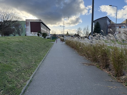 Le chemin débouche sur les hauteurs de Fécamp, nous allons longer le lycée Descartes avant de retrouver les chemins.