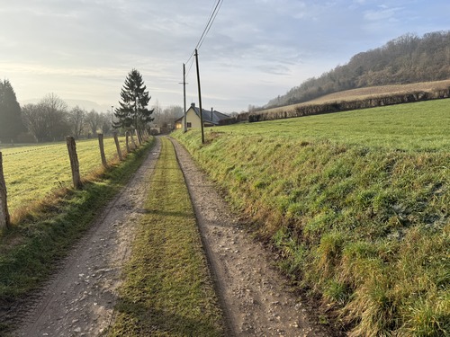 On distingue les premières maisons du hameau de Montagny, et on devine à droite, avec les haies, le chemin officiel de ce circuit qui relie le bois de Montagny au hameau.