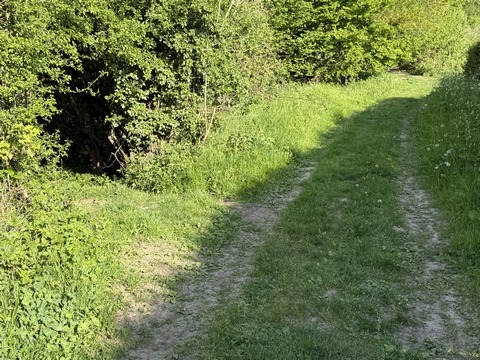 Le chemin du Val au Roy descend ici à gauche vers la vallée. L'entrée du chemin est discrète, mais c'est un chemin assez large.