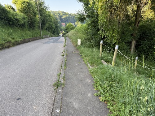 Nous entrons dans Clères par la Côte du Mont Landrin. Nous allons quitter la rue par l'escalier à droite pour couper par le stade Lemetil.