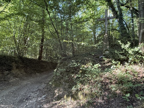 Voici la Croix Chevalier (elle se trouve dans le prolongement de la rue Chevalier d'Aumare). Elle est discrète, on peut passer sans la voir! Nous allons continuer derrière nous, vers le nord, en direction d'Heuqueville.